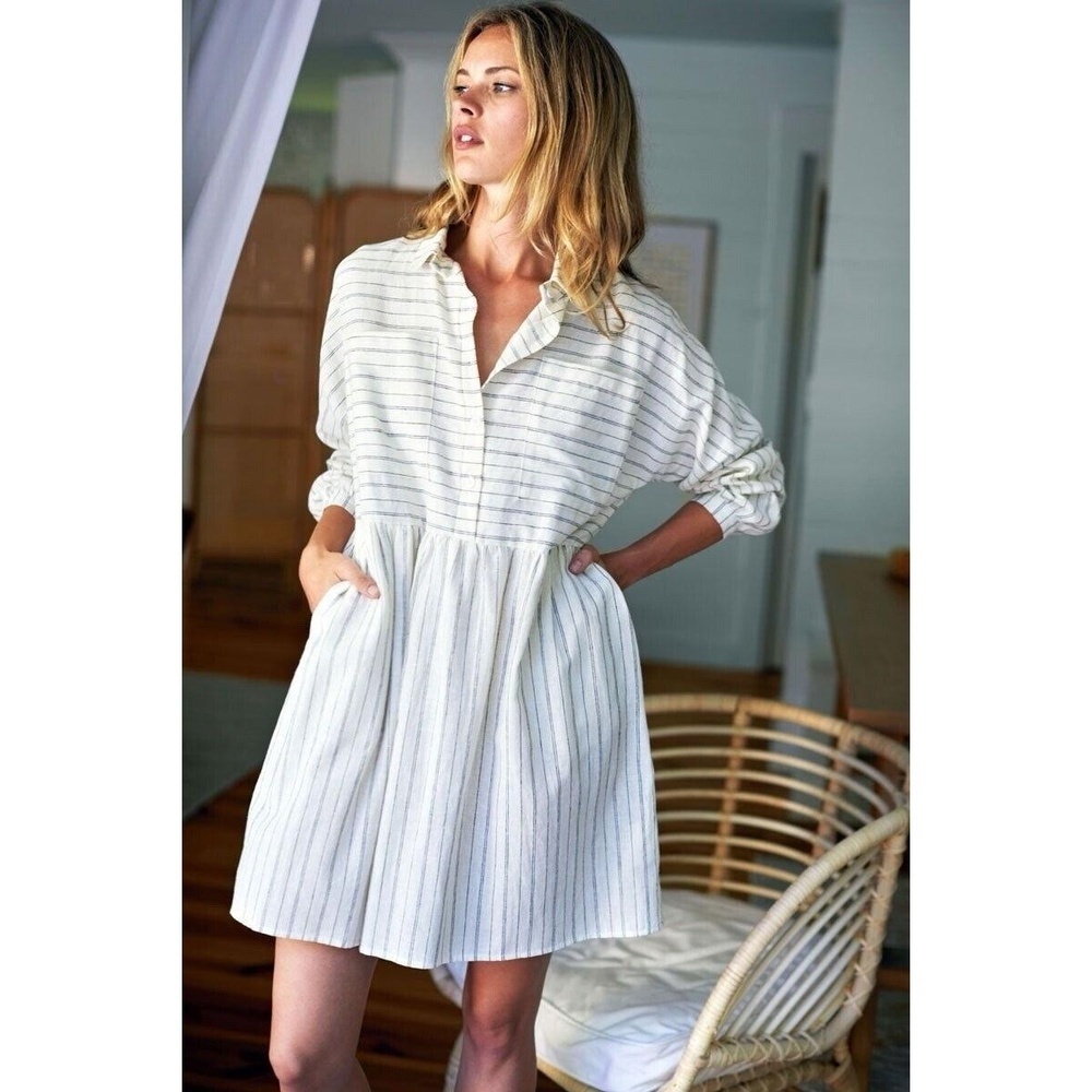EMERSON FRY Selma Shirtdress Ivory Hemp Stripe Organic Button Long Sleeve Sz XL